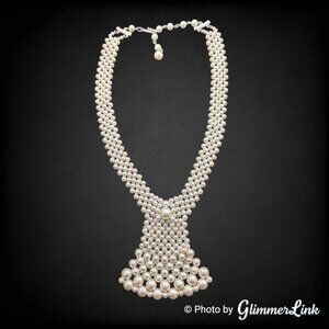 Vintage Japan Faux Pearl Woven Bib Necklace With Waterfall Drop